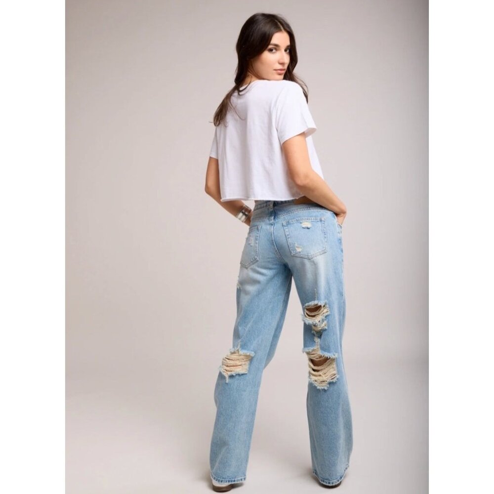 NEW TOXIK3 Paris Wide-Leg Distressed Baggy High-Rise Light Wash Denim Jeans